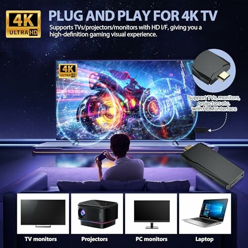 4K TV setup with HDMI adapter for monitors and projectors.