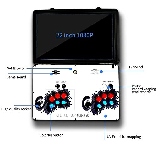 22 inch 1080P arcade game console with controls and features labeled.