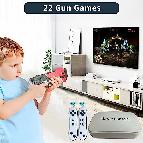 Child playing a gun game on a TV with a game console.