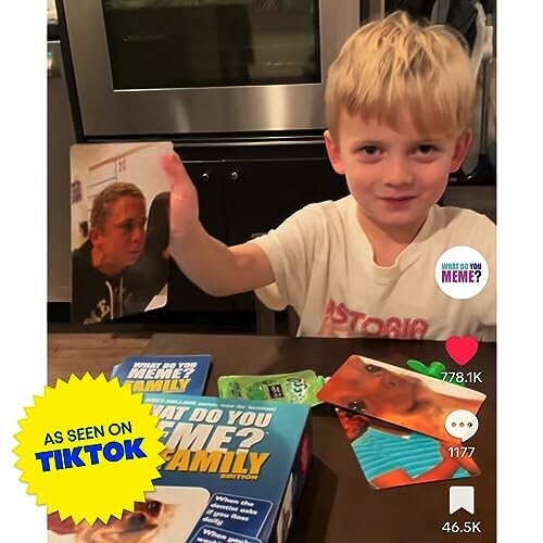 Child playing a meme game with cards on a table.