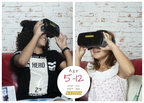 Two children using VR headsets on a couch.