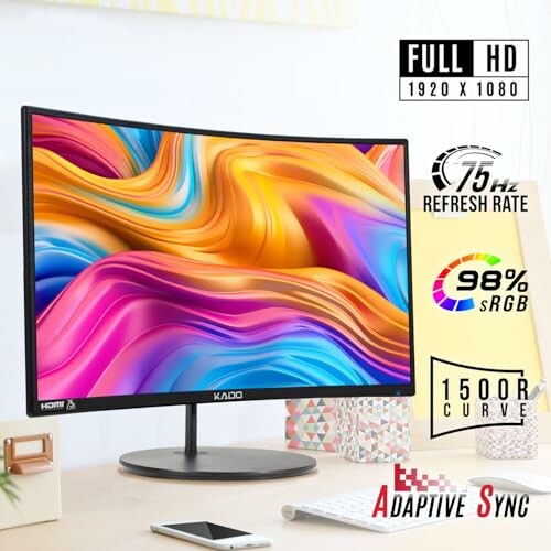 Curved monitor with vibrant display and specifications listed.