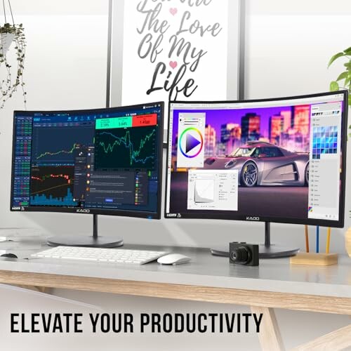 Dual curved monitors on a desk with productivity tools.