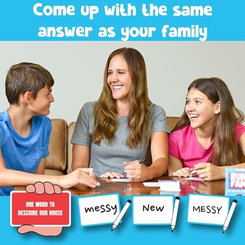 Family playing a card game together, laughing and writing answers.