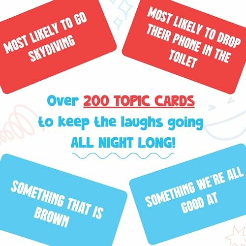 Colorful cards with humorous topics for conversation.