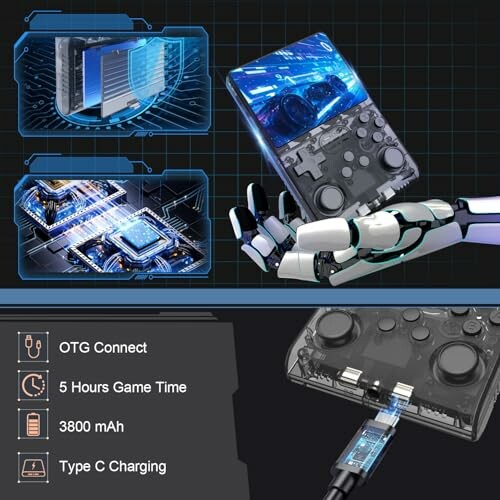 Futuristic gaming device with robotic hand, game time details, and Type C charging.