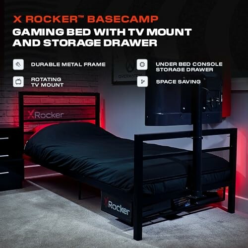 X Rocker Basecamp gaming bed with TV mount and storage drawer.