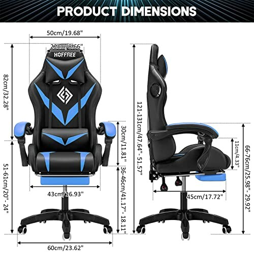 Gaming chair with detailed dimensions and adjustable features