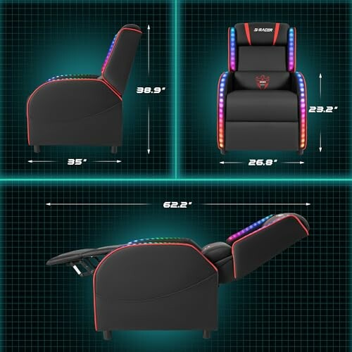 Reclining gaming chair with dimensions shown.