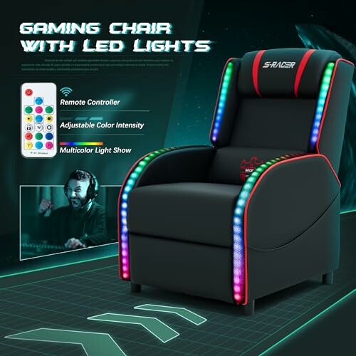 Gaming chair with LED lights and remote control.