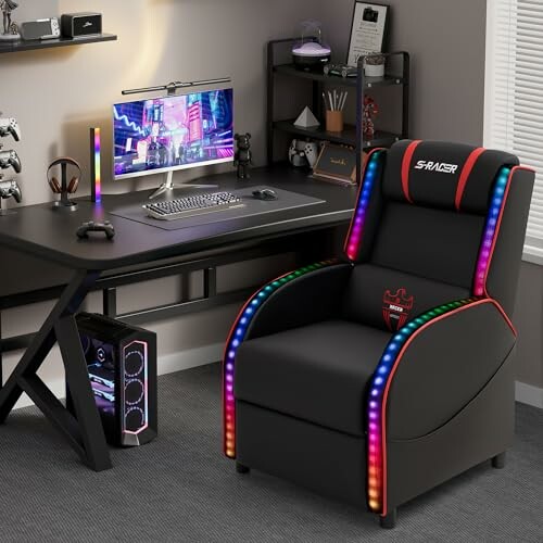 Modern gaming setup with LED gaming chair and desktop.