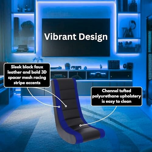 Gaming chair with vibrant design featuring black faux leather and blue accents in a modern room.