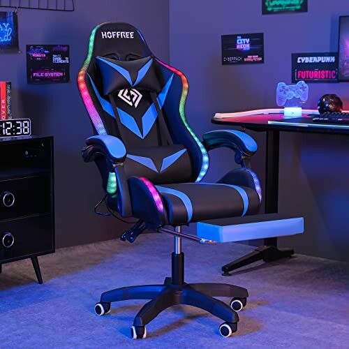 Gaming chair with LED lights in a modern setup.