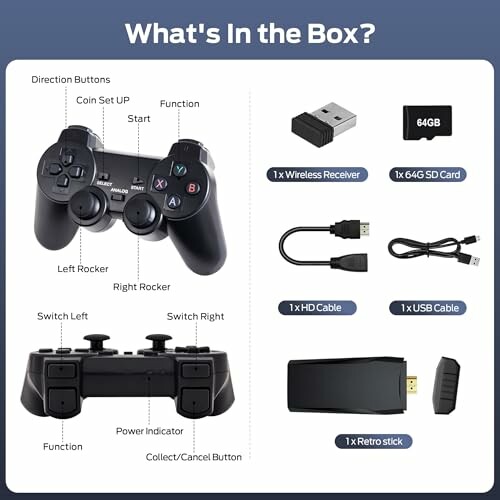 Contents of a gaming controller box including a wireless receiver, 64GB SD card, HD cable, USB cable, and a retro stick.