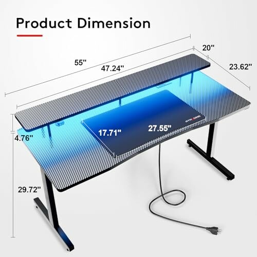 Gaming desk with dimensions and blue LED lights.