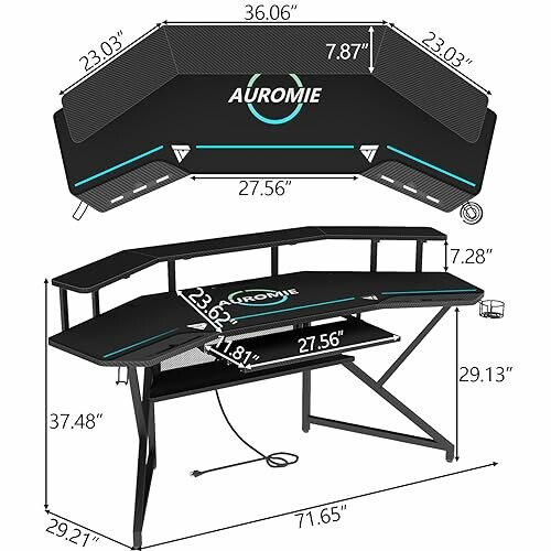 Gaming desk with dimensions and features labeled.