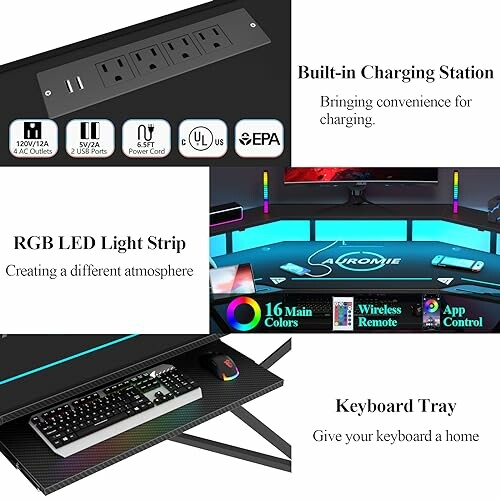 Gaming desk with built-in charging station, RGB LED light strip, and keyboard tray.