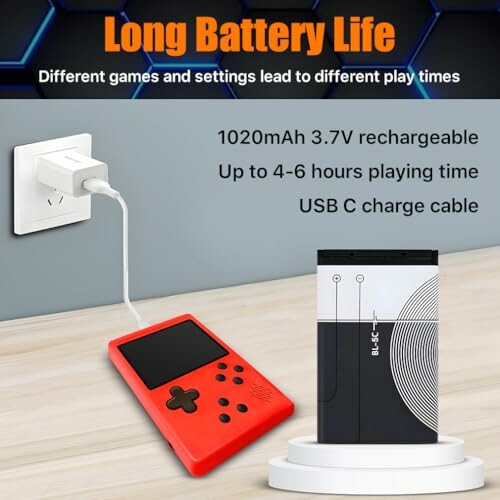 Rechargeable gaming device with long battery life and USB C cable.