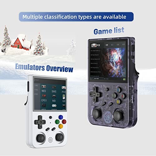 Two handheld game consoles with emulator options and game list.