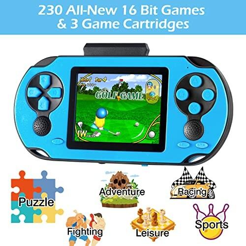 Blue handheld gaming console with golf game on screen and icons for puzzle, adventure, racing, fighting, leisure, and sports games.