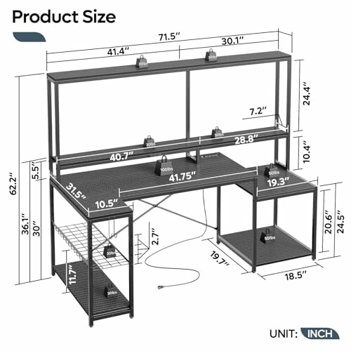 L-shaped gaming desk with detailed dimensions.