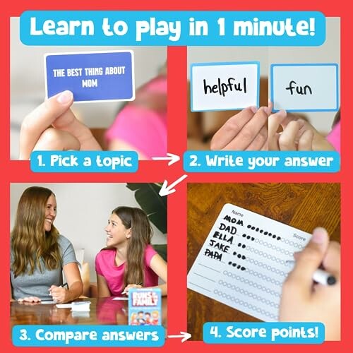 Instructions for a card game with steps: pick a topic, write answers, compare, score points.