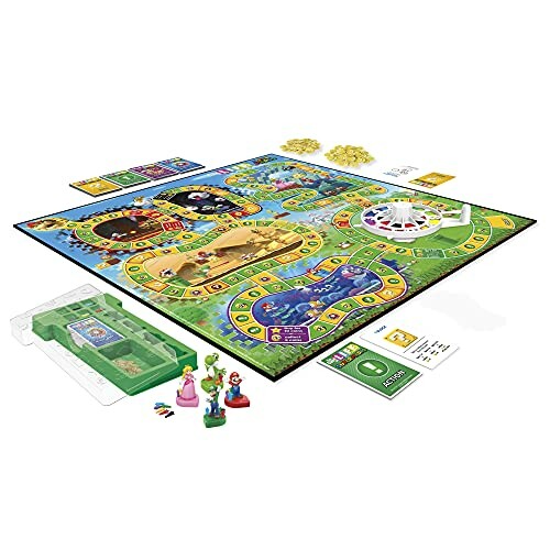 Mario-themed board game with colorful pieces and cards.