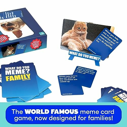 Family edition of What Do You Meme card game with meme cards and box.