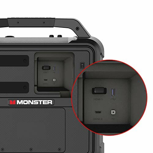 Close-up of Monster speaker ports including HDMI and USB.