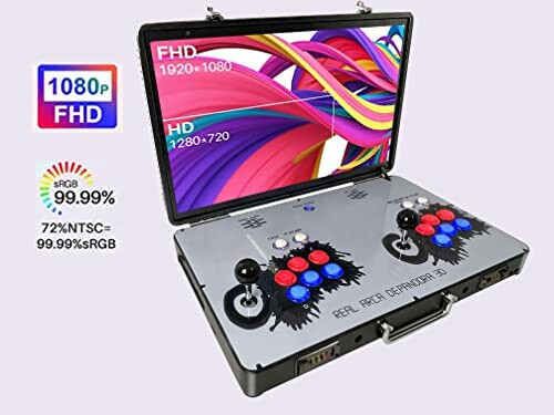 Portable arcade gaming console with dual joysticks and screen.