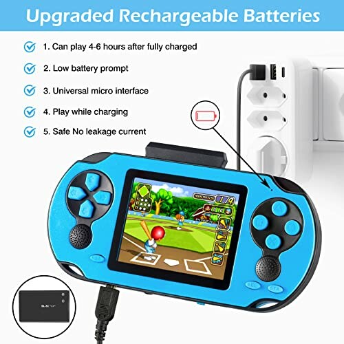 Blue portable gaming console with rechargeable battery features listed.