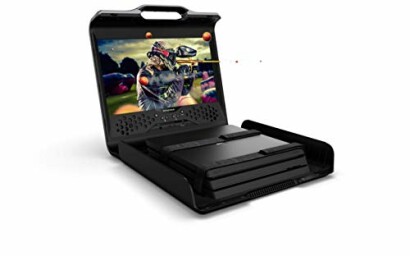 Portable gaming monitor with a console inside, displaying a paintball game.