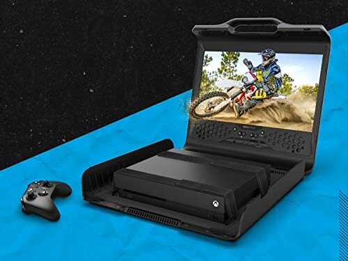 Portable gaming station with Xbox console and screen displaying motocross game.