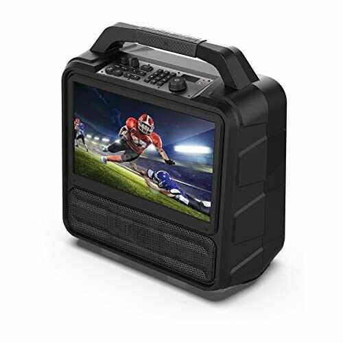 Portable speaker with built-in screen displaying a football game.