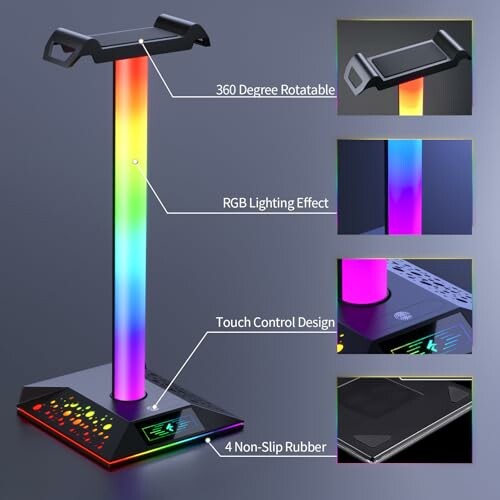 RGB gaming headset stand with 2 USB charger, cool LED headphone holder, PC gaming accessories gift for boys men gamers, computer game hardware for desk.