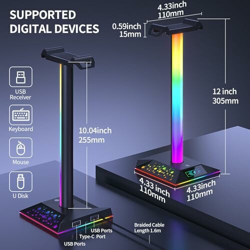 RGB gaming headset stand with USB ports and dimensions.