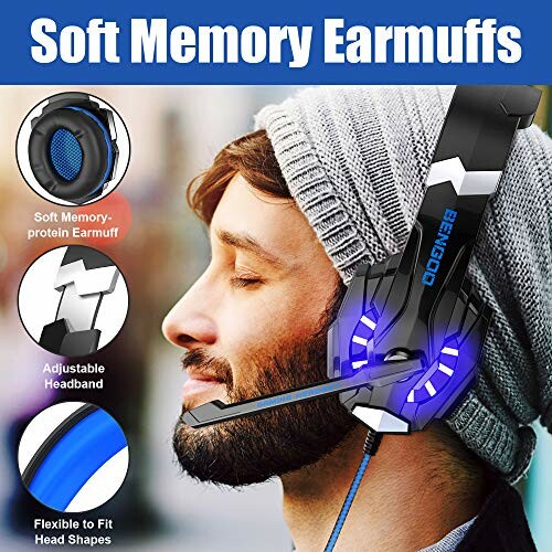 Man wearing gaming headset with soft memory earmuffs and adjustable headband.