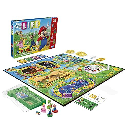 Super Mario themed Game of Life board game with pieces and cards.