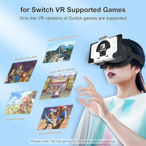 Person using VR headset with Switch game covers displayed.