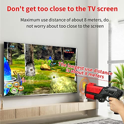 Warning about maintaining a distance of 8 meters from the TV screen while using a toy gun.