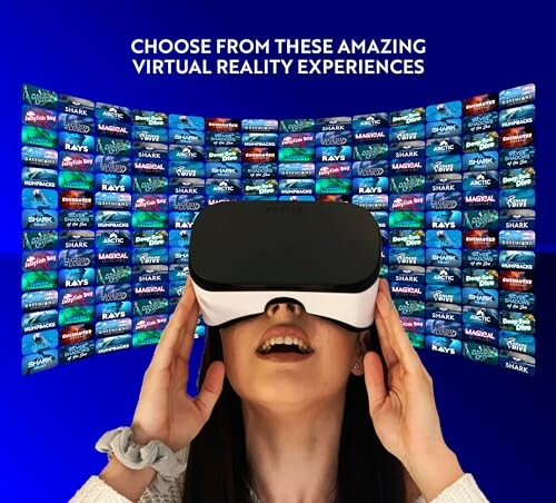 Person wearing VR headset with virtual experiences displayed in background